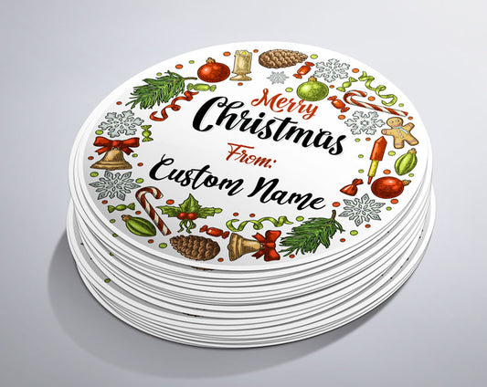 Custom Name Christmas Circle Sticker  (25 Pack)